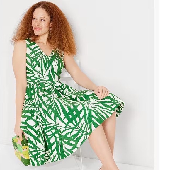 kate spade Dresses & Skirts - Kate Spade Palm Fronds Amelia Sz 12 Skater Dress Green Sleeveless V-Neck Pleated